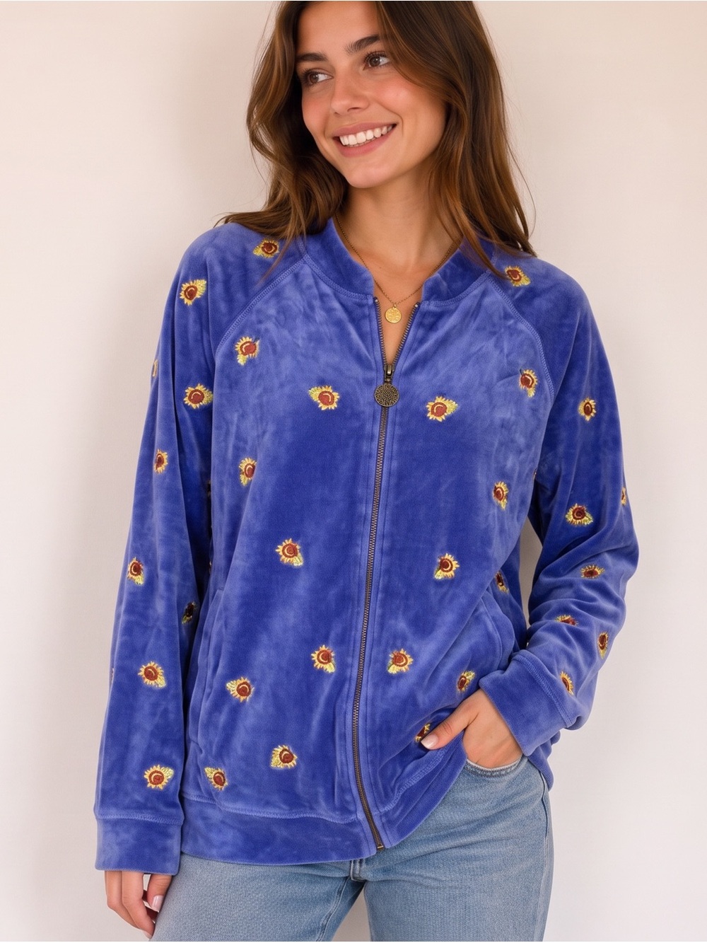VINTAGE QUACKER FACTORY Sunflower Embroidered Velour Sweatshirt